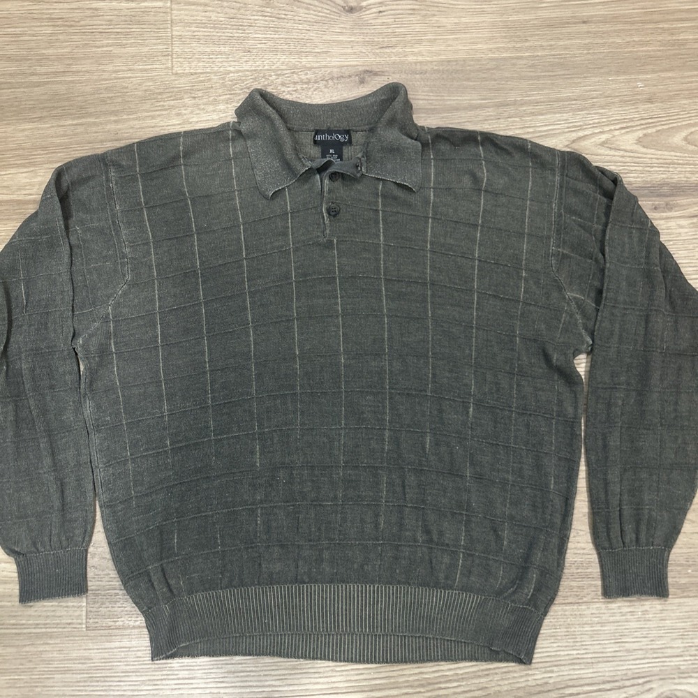 ANTHOLOGY Men's Silk Blend Vintage Collared Pullover Sweater- XL Brown Plaid